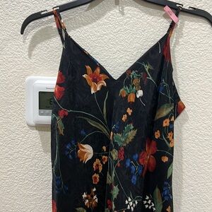 Silx Black Floral Silk Midi Slip Dress with Adjustable Spaghetti Straps